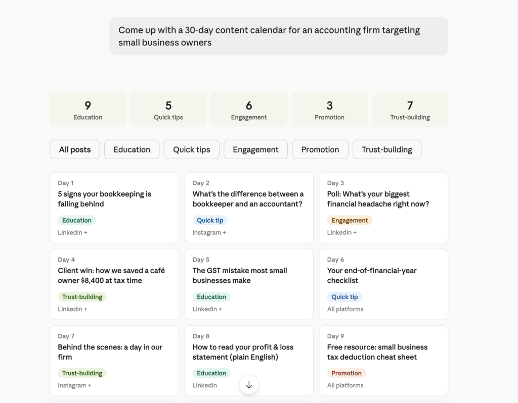 30day content calendar for accountants